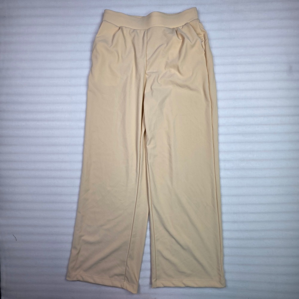 Halara Cream Ribbed Wide Leg Pants Small Regular High Rise Pockets